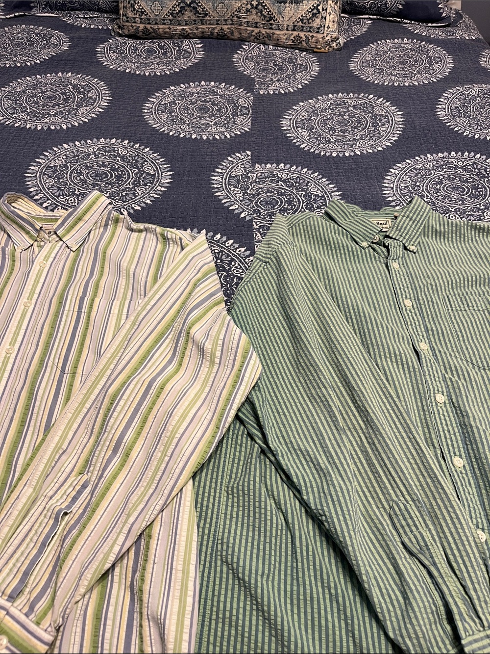 L.L. Bean Green and White Striped Casual Button-Down Shirt